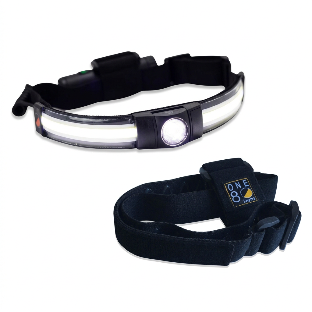One80 headlamp and separate helmet headband together on a white background
