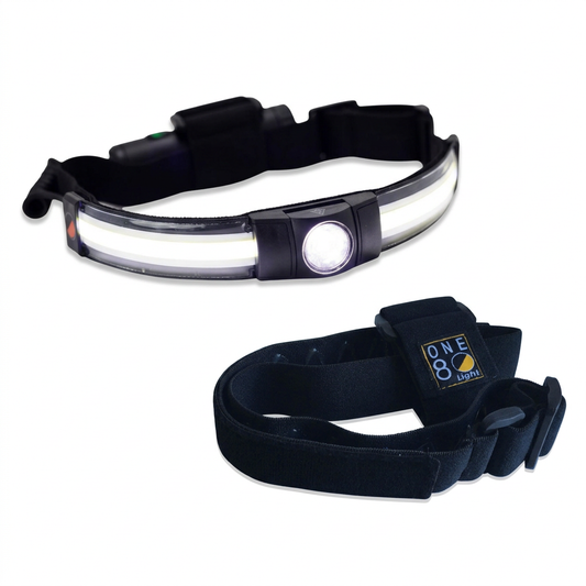 One80 headlamp and separate helmet headband together on a white background